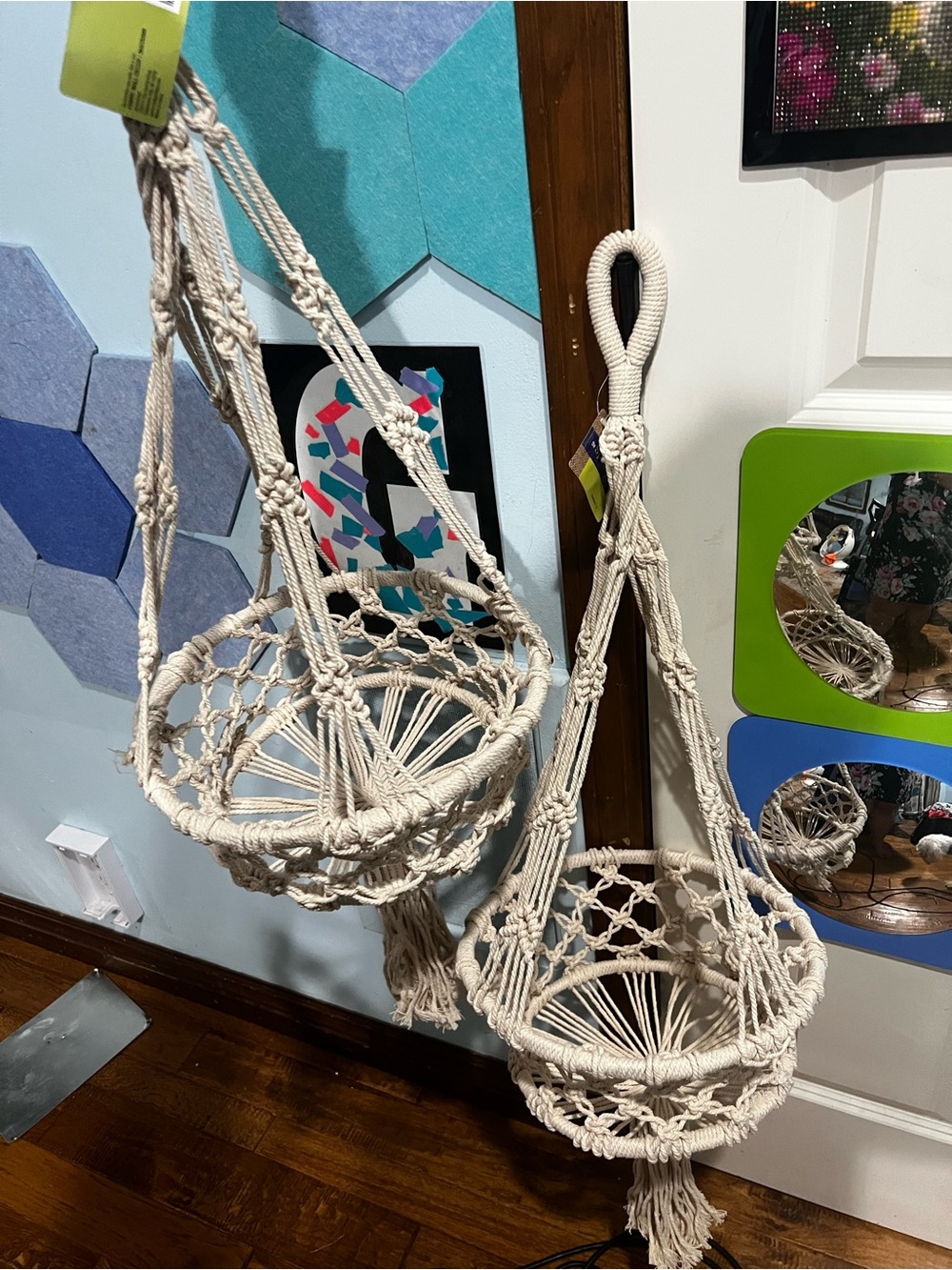 Boho Macramé Hanging Planter Pair - Cream